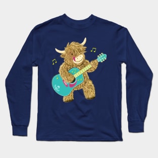 Cute Scottish Highland Cow Plays Guitar Long Sleeve T-Shirt